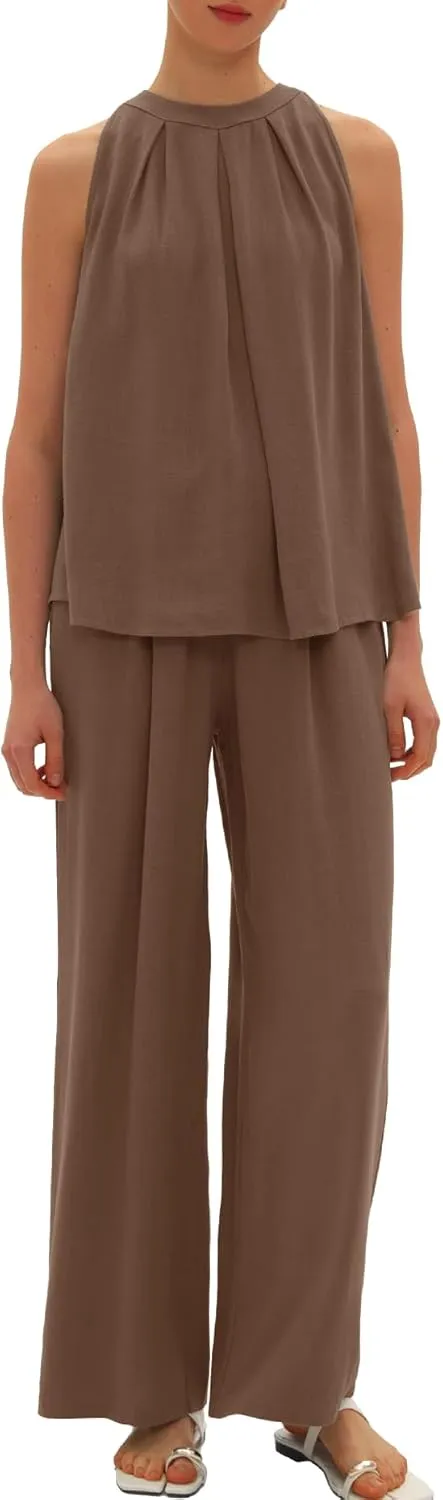 Beaully Women's Summer Linen 2 Piece Outfits Sets Loose Fit Sleeveless Tank Tops Wide Leg Pant Sets Lounge Travel Sets