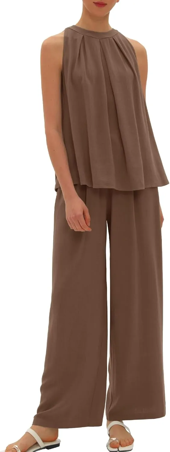 Beaully Women's Summer Linen 2 Piece Outfits Sets Loose Fit Sleeveless Tank Tops Wide Leg Pant Sets Lounge Travel Sets