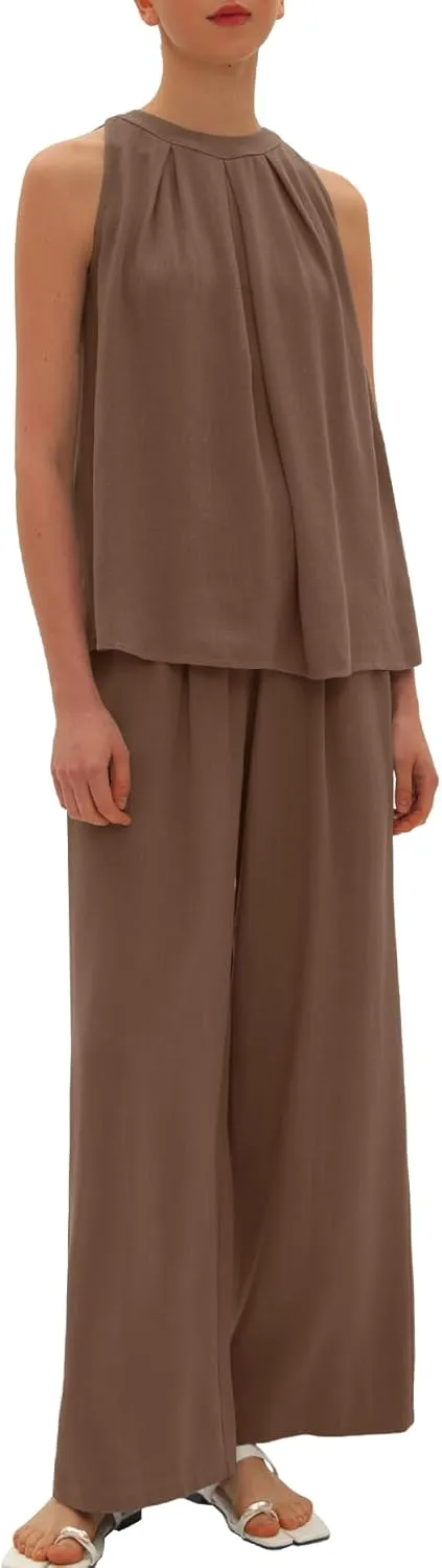 Beaully Women's Summer Linen 2 Piece Outfits Sets Loose Fit Sleeveless Tank Tops Wide Leg Pant Sets Lounge Travel Sets