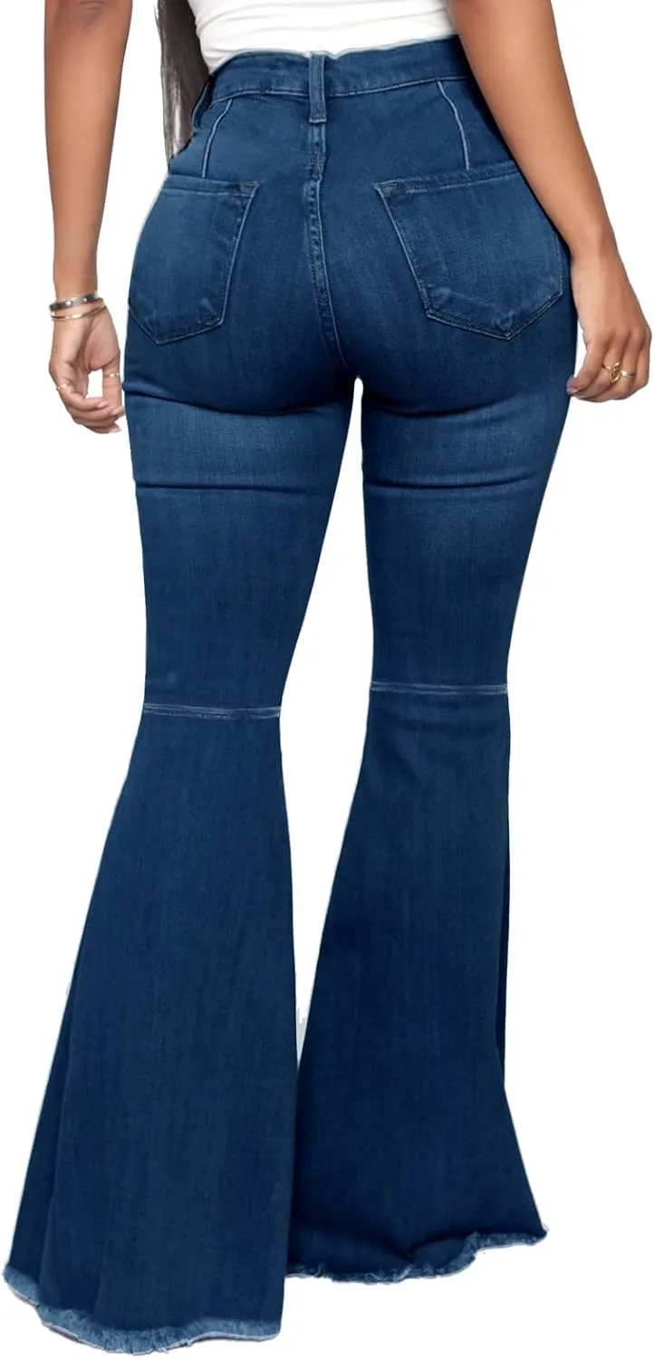 Bell Bottom Jeans for Women Butterfly Vintage High Waisted Skinny Flared Jeans Wide Leg Raw Hem Denim Pants