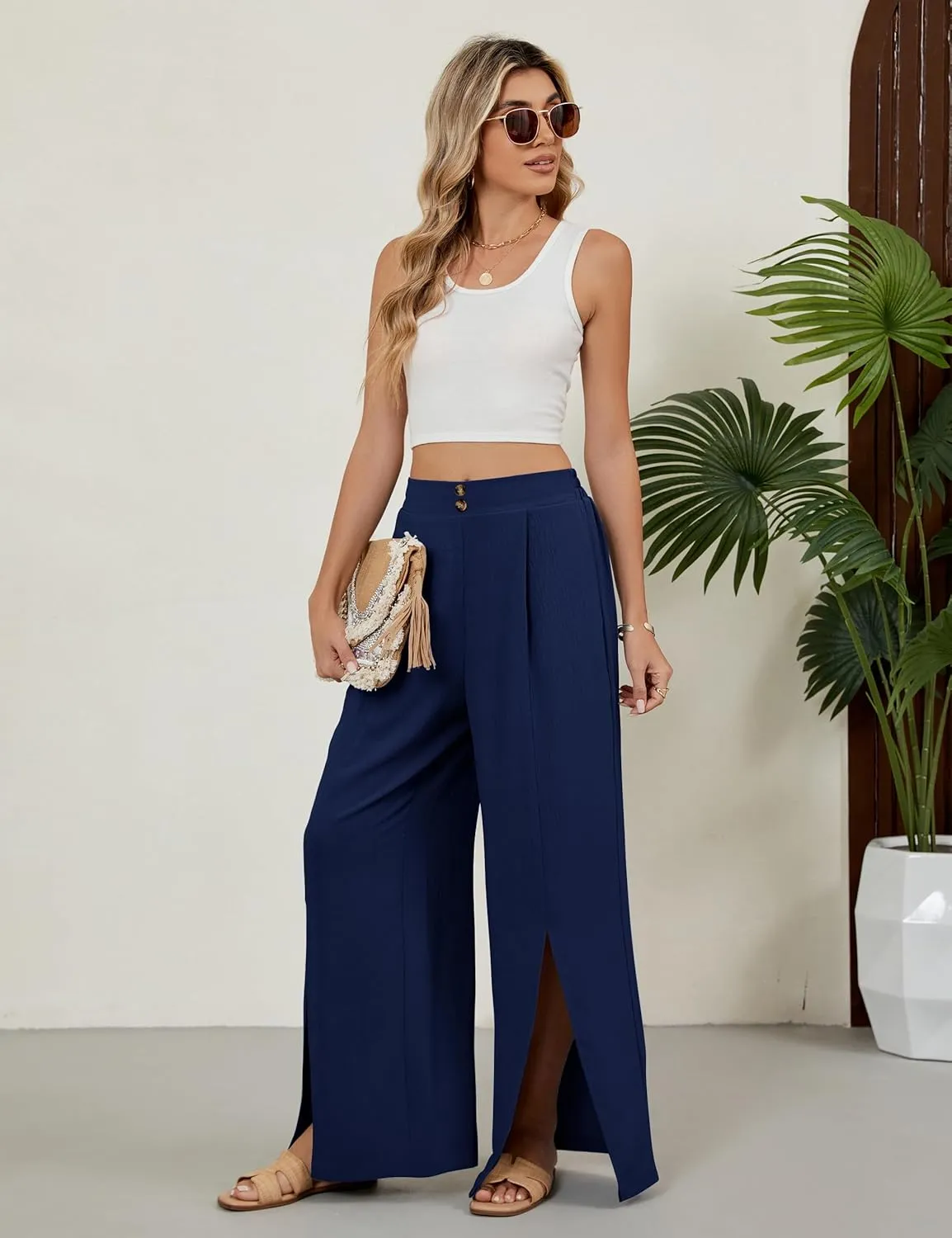 Blooming Jelly Women Palazzo Pants Wide Leg Center Split Casual Pants Flowy Elastic High Waisted Trousers Vacation Outfits