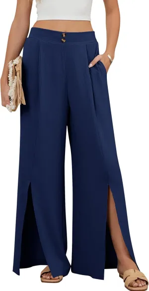 Blooming Jelly Women Palazzo Pants Wide Leg Center Split Casual Pants Flowy Elastic High Waisted Trousers Vacation Outfits