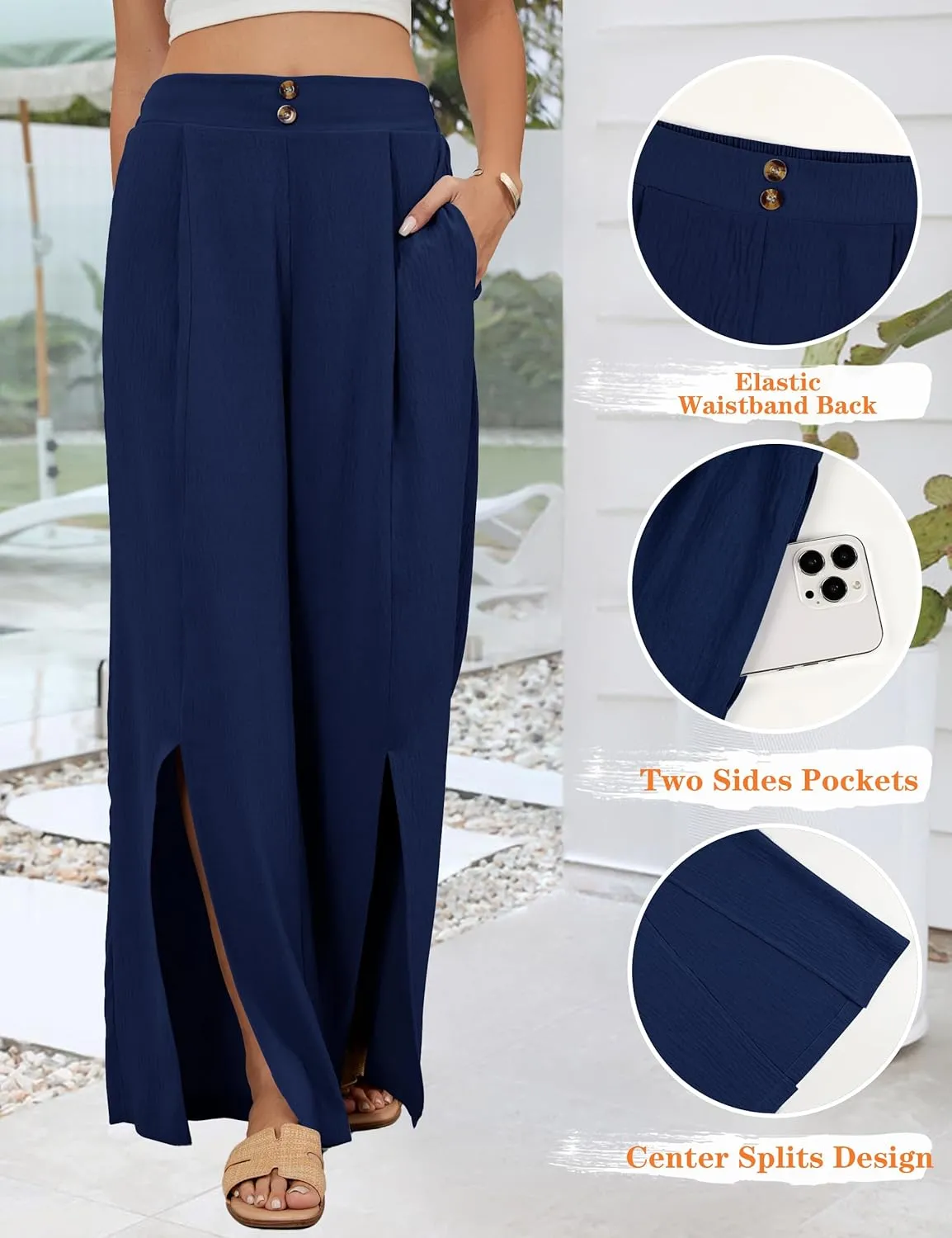 Blooming Jelly Women Palazzo Pants Wide Leg Center Split Casual Pants Flowy Elastic High Waisted Trousers Vacation Outfits