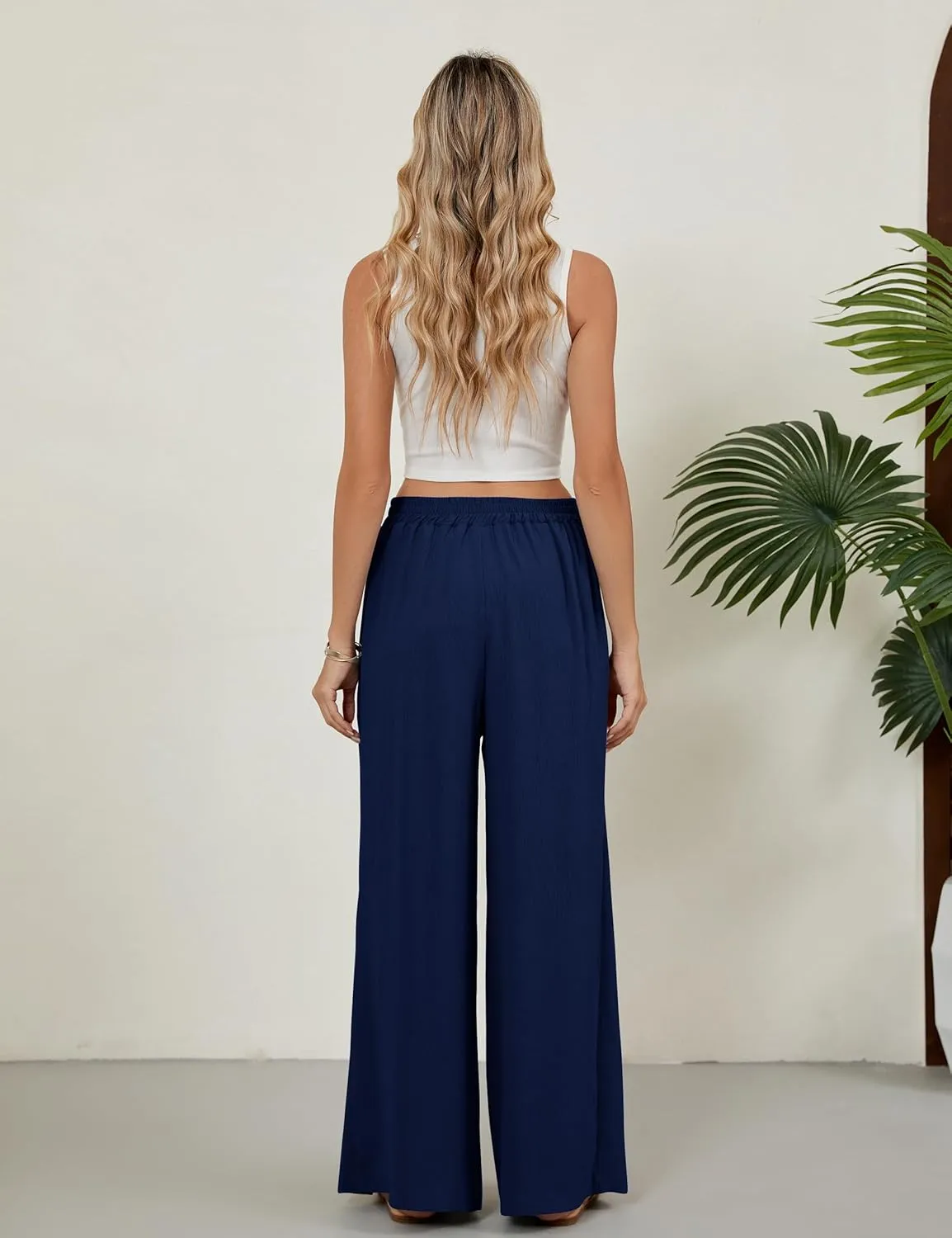 Blooming Jelly Women Palazzo Pants Wide Leg Center Split Casual Pants Flowy Elastic High Waisted Trousers Vacation Outfits