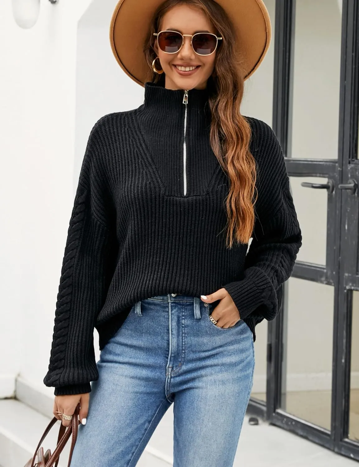 Blooming Jelly Women's Sweater Long Sleeve Quarter Zip Pullover Casual Loose Fit Cable Knit Tops