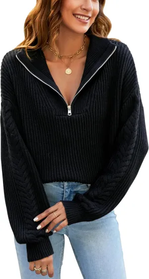 Blooming Jelly Women's Sweater Long Sleeve Quarter Zip Pullover Casual Loose Fit Cable Knit Tops