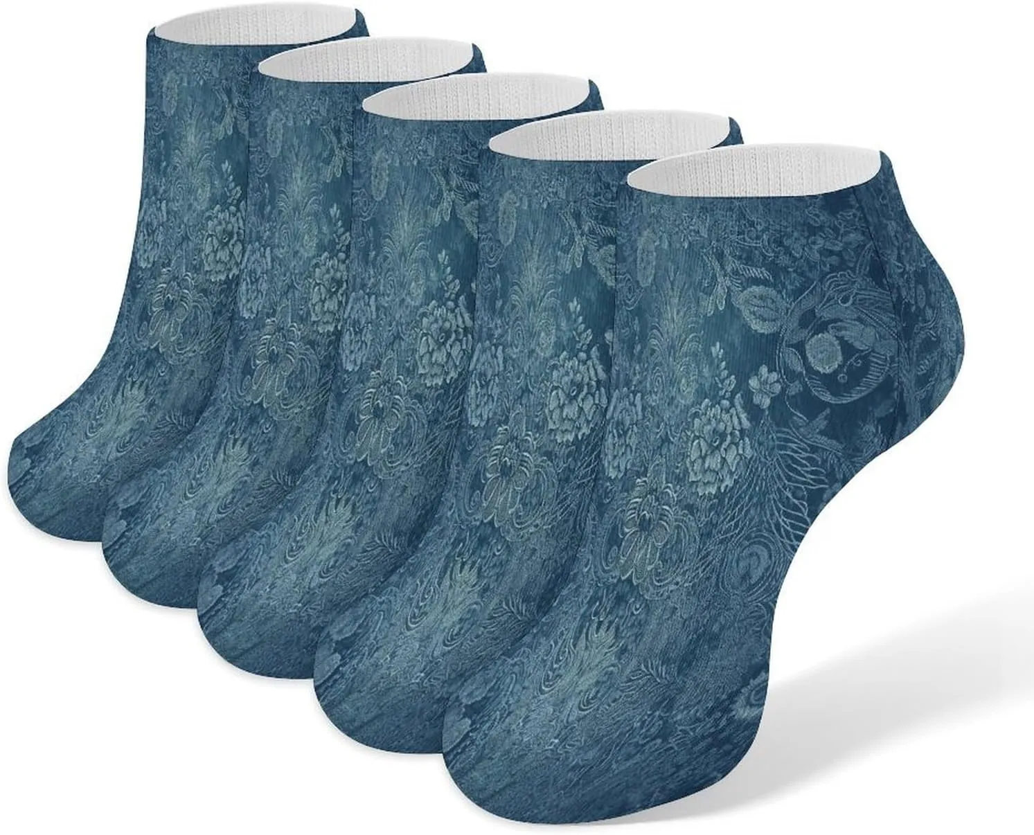 Blue Floral Lace 5 Pairs Ankle Socks Comfort Athletic Socks Low Cut Breathable Casual Sock for Unisex