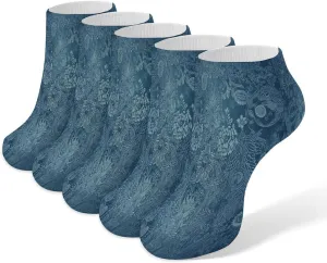 Blue Floral Lace 5 Pairs Ankle Socks Comfort Athletic Socks Low Cut Breathable Casual Sock for Unisex