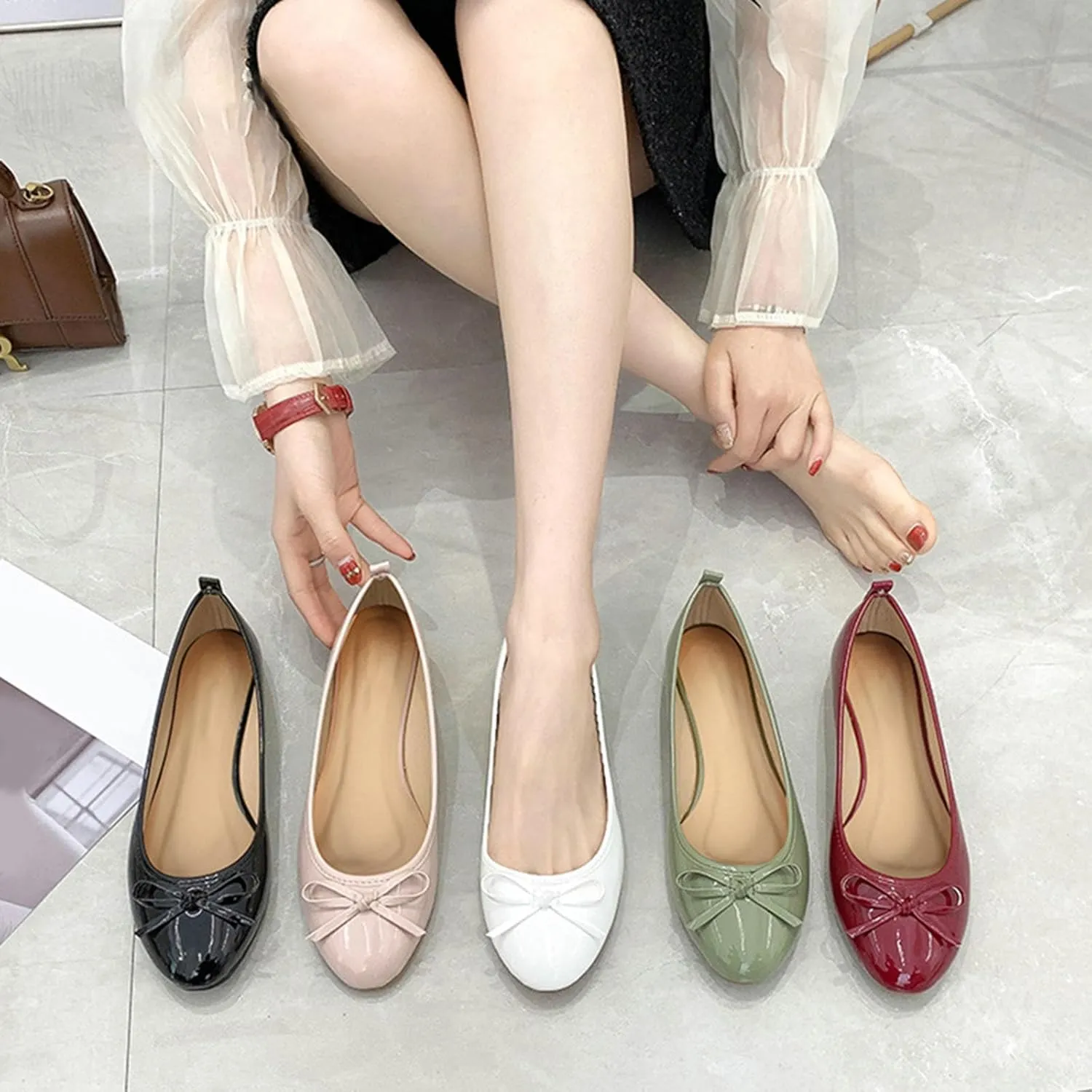 Bowknot Ballet Flats Womens Round Head Casual Flat Shoes Smooth Leather Dress Shoes Wear to Work Easy Slip On Shoe