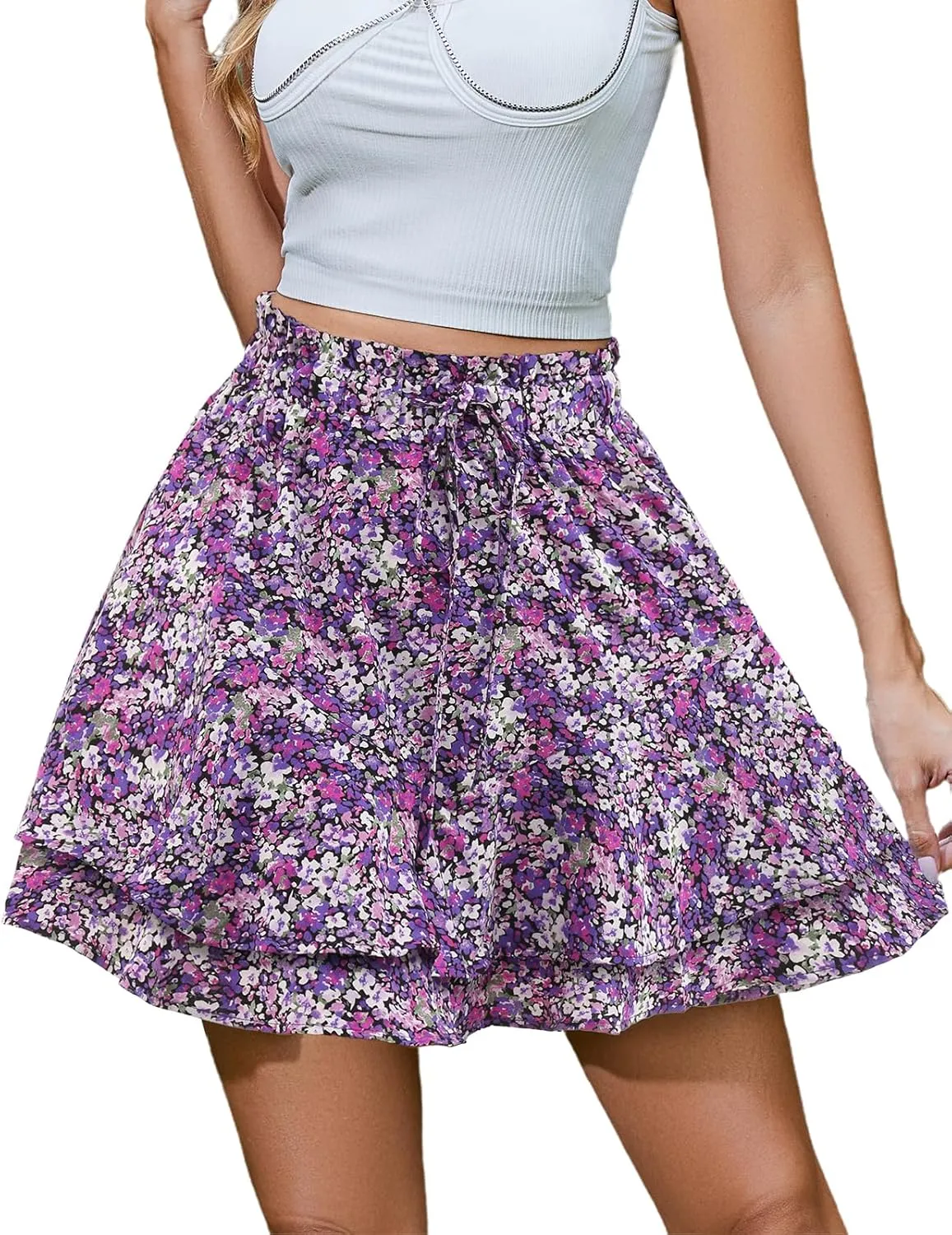 Bridesmay Flowy Shorts for Women Summer Ruffle Mini Skirt Boho Floral Skorts for Casual, Running and Tennis