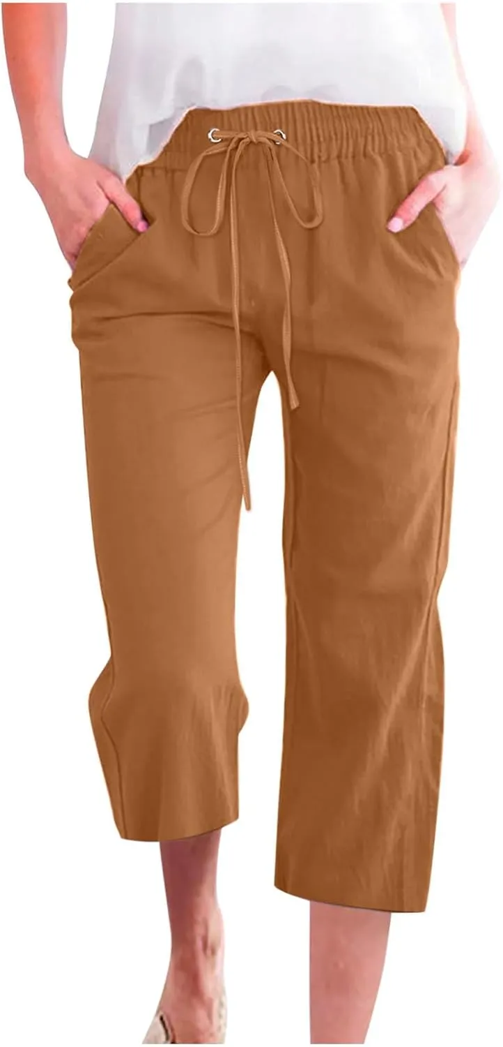 BTDECLAR Capris Pants for Women 2024 Summer Stretch Cotton Linen Capri Pant Casual Drawstring Cropped High Waisted Trousers
