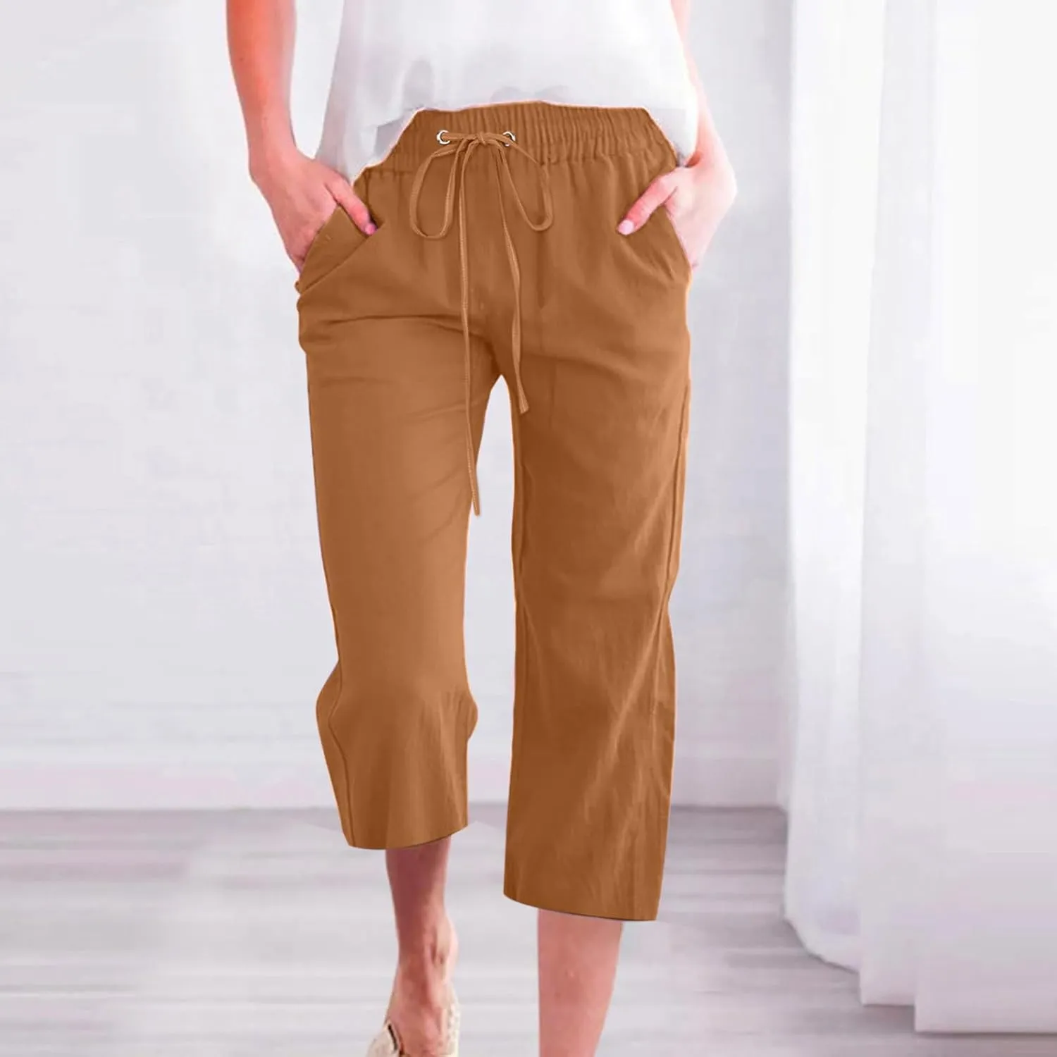 BTDECLAR Capris Pants for Women 2024 Summer Stretch Cotton Linen Capri Pant Casual Drawstring Cropped High Waisted Trousers