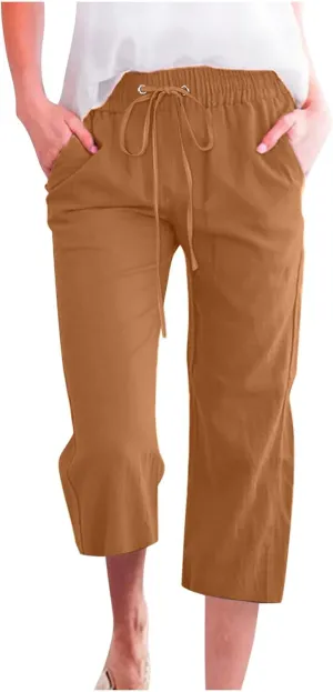 BTDECLAR Capris Pants for Women 2024 Summer Stretch Cotton Linen Capri Pant Casual Drawstring Cropped High Waisted Trousers