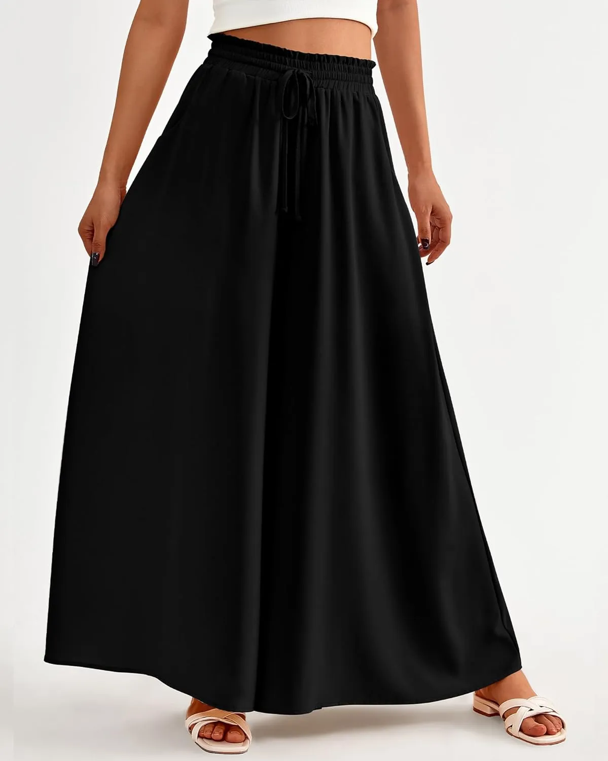 BTFBM Women Casual High Waist Wide Leg Pants Summer Floral Solid Long Palazzo Pants Lounge Beach Trousers with Pocket
