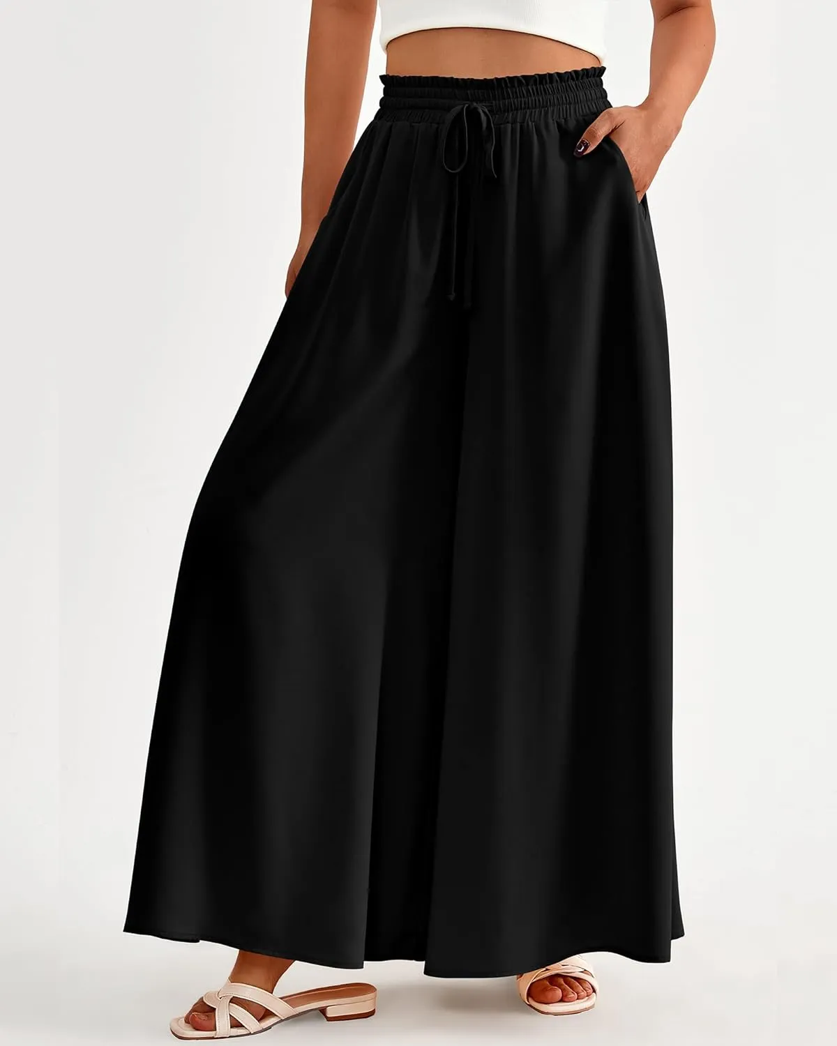 BTFBM Women Casual High Waist Wide Leg Pants Summer Floral Solid Long Palazzo Pants Lounge Beach Trousers with Pocket