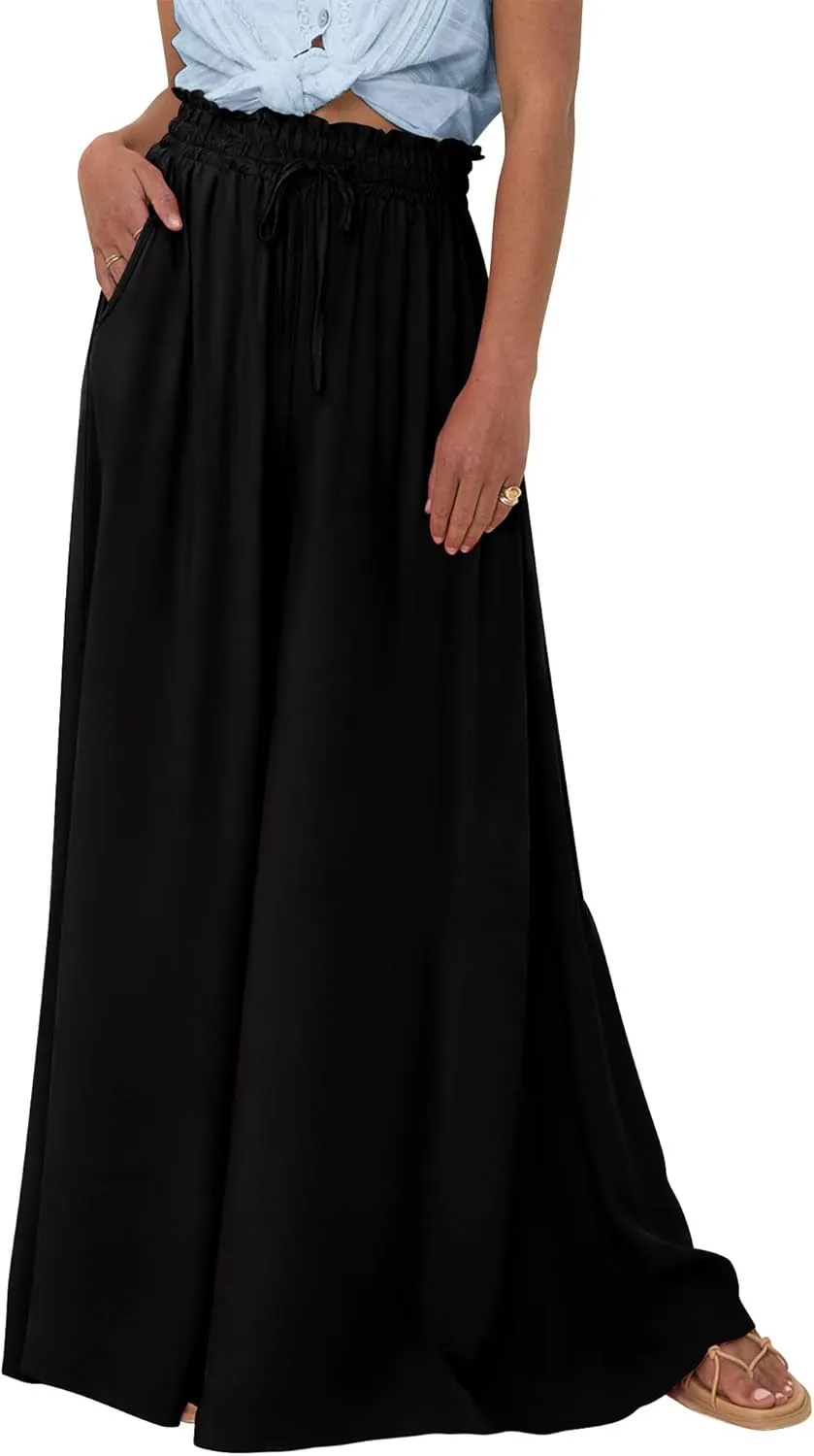 BTFBM Women Casual High Waist Wide Leg Pants Summer Floral Solid Long Palazzo Pants Lounge Beach Trousers with Pocket