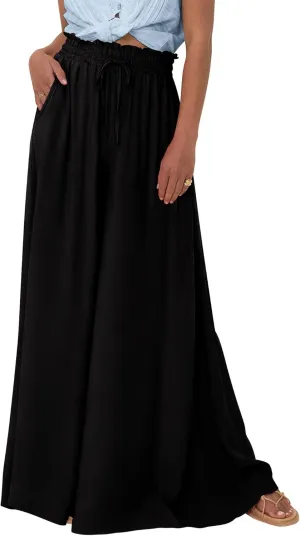 BTFBM Women Casual High Waist Wide Leg Pants Summer Floral Solid Long Palazzo Pants Lounge Beach Trousers with Pocket