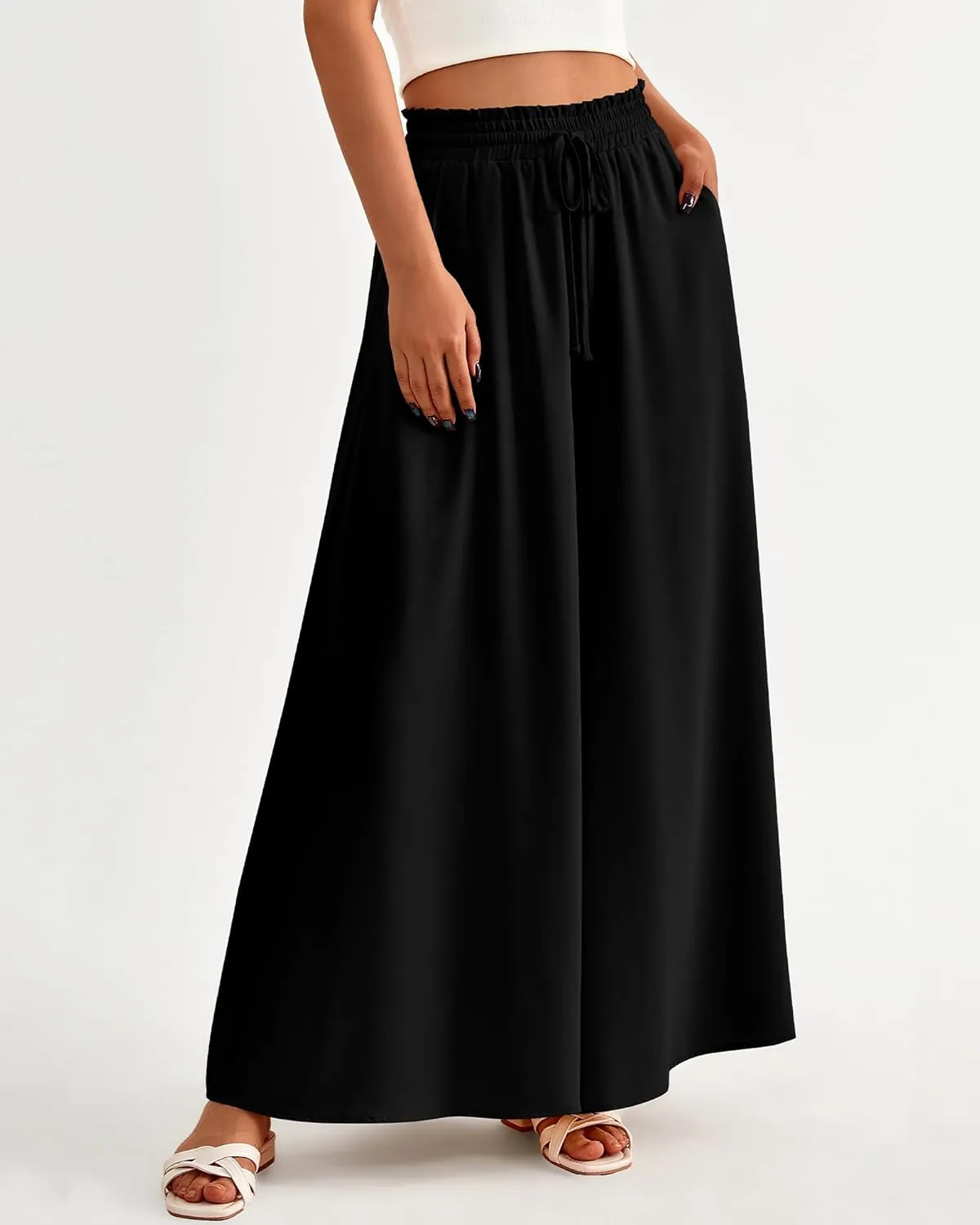 BTFBM Women Casual High Waist Wide Leg Pants Summer Floral Solid Long Palazzo Pants Lounge Beach Trousers with Pocket