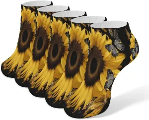 Butterfly And Sunflower 5 Pairs Ankle Socks Comfort Athletic Socks Low Cut Breathable Casual Sock for Unisex