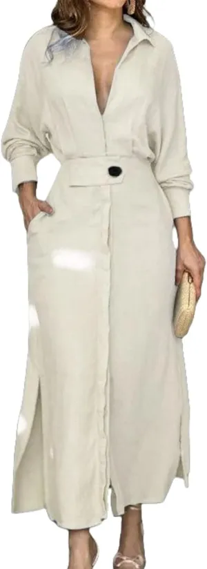 Button Down Shirt Dress for Women Cotton Linen Solid Casual V-Neck Long Sleeve Maxi Dresses with Pockets