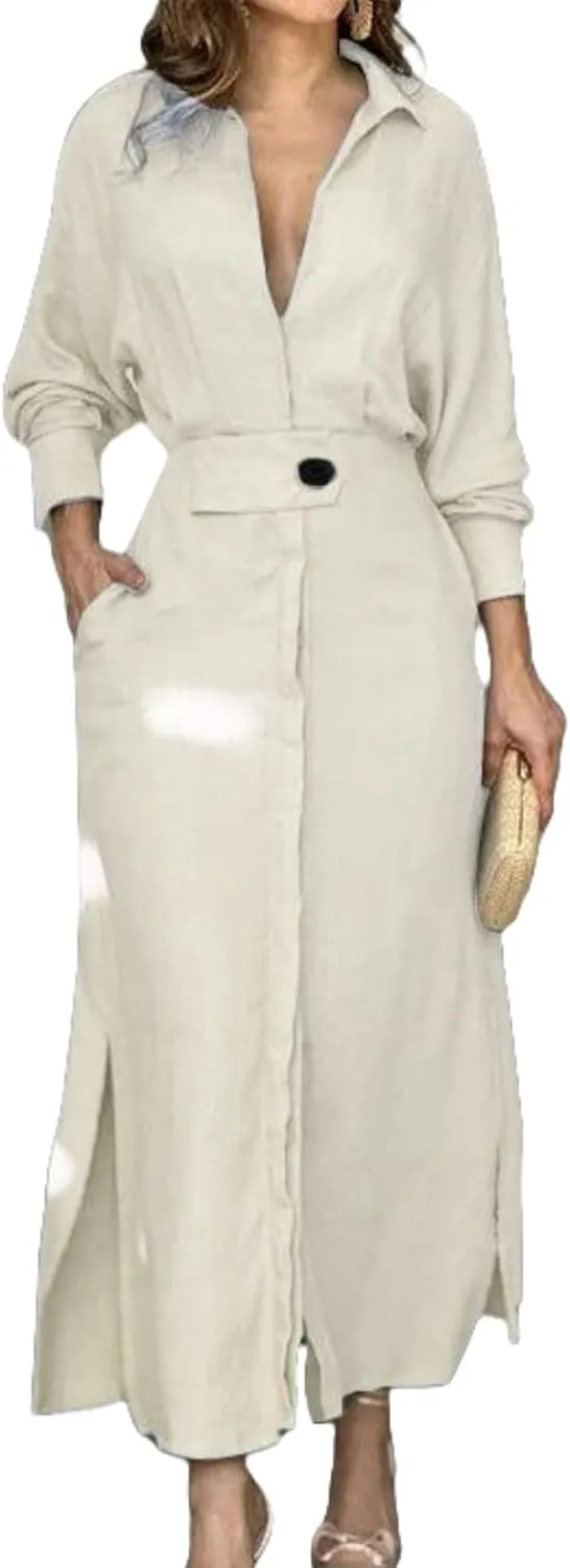 Button Down Shirt Dress for Women Cotton Linen Solid Casual V-Neck Long Sleeve Maxi Dresses with Pockets