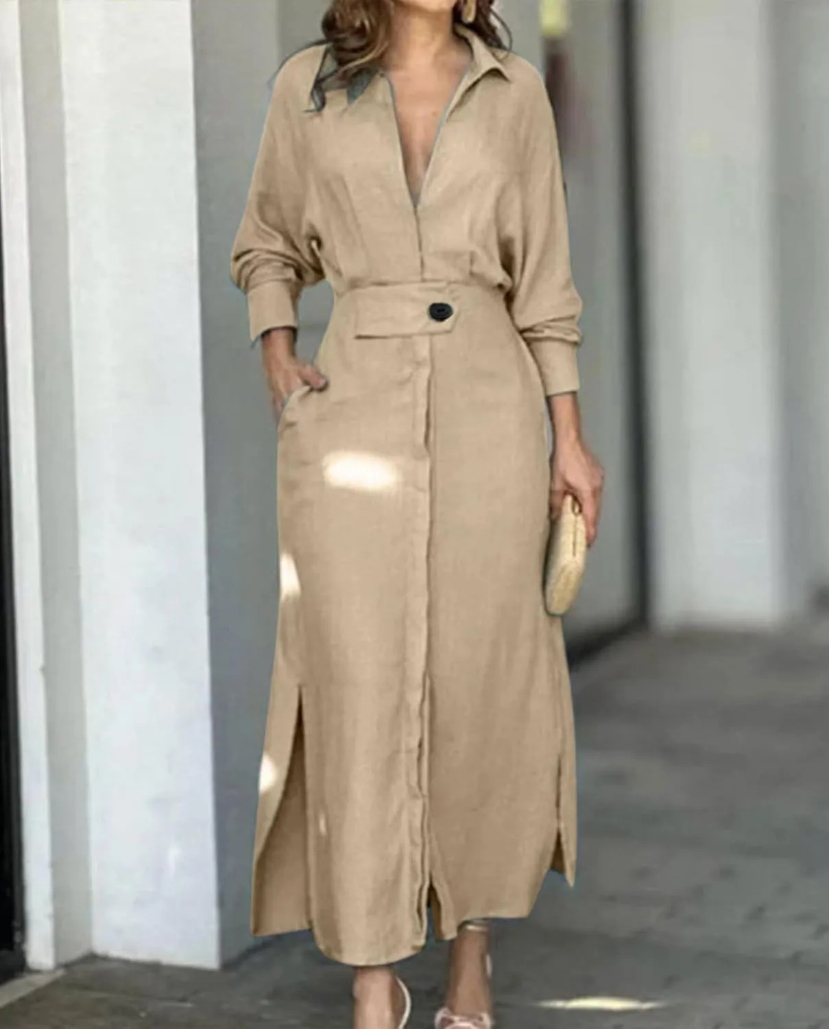 Button Down Shirt Dress for Women Cotton Linen Solid Casual V-Neck Long Sleeve Maxi Dresses with Pockets