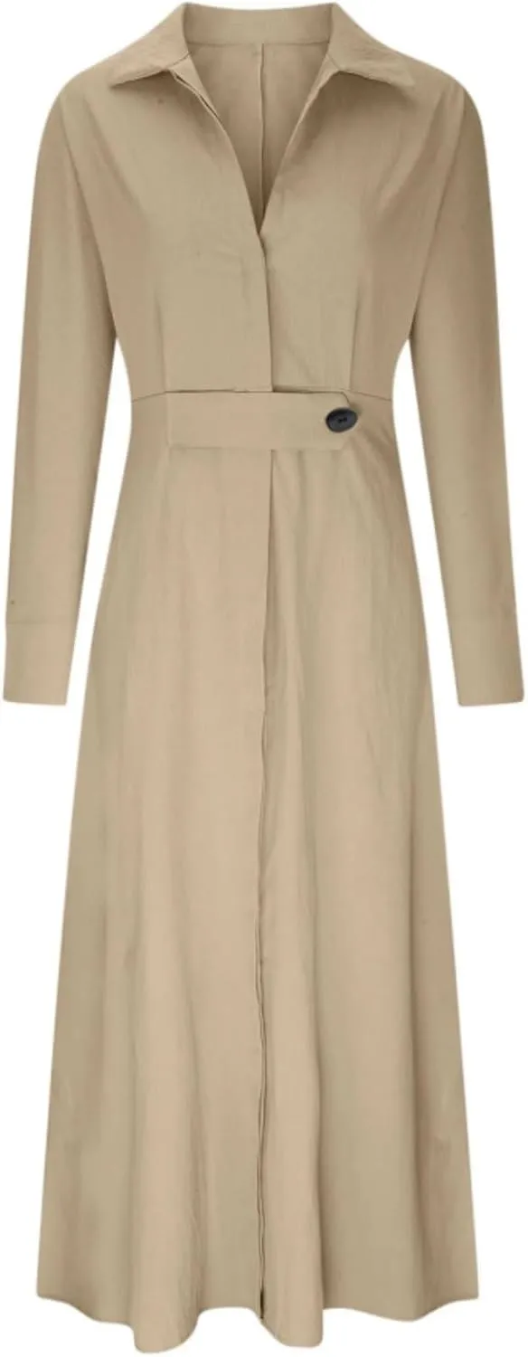 Button Down Shirt Dress for Women Cotton Linen Solid Casual V-Neck Long Sleeve Maxi Dresses with Pockets