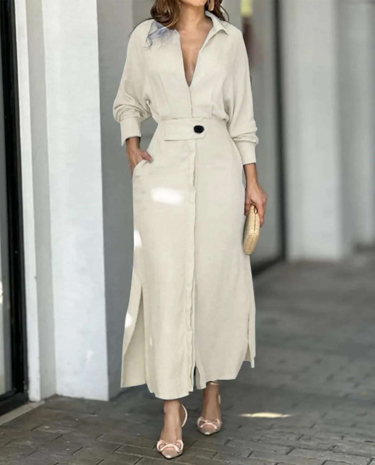 Button Down Shirt Dress for Women Cotton Linen Solid Casual V-Neck Long Sleeve Maxi Dresses with Pockets