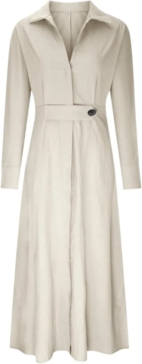 Button Down Shirt Dress for Women Cotton Linen Solid Casual V-Neck Long Sleeve Maxi Dresses with Pockets