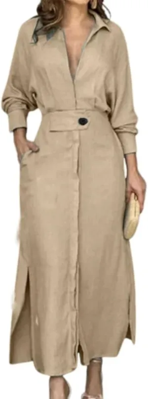 Button Down Shirt Dress for Women Cotton Linen Solid Casual V-Neck Long Sleeve Maxi Dresses with Pockets