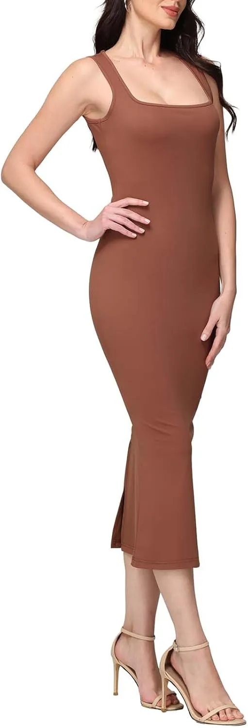 BWQ Women's Square Neck Maxi Dress Sleeveless Bodycon Lounge Dresses