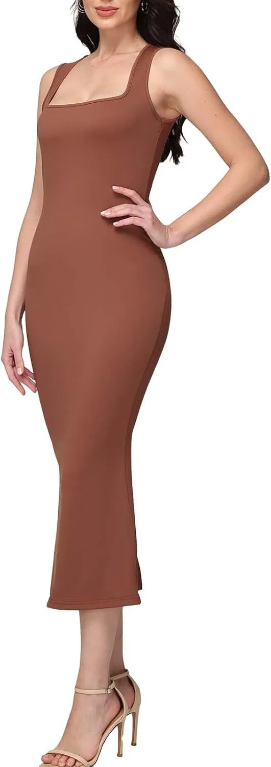 BWQ Women's Square Neck Maxi Dress Sleeveless Bodycon Lounge Dresses