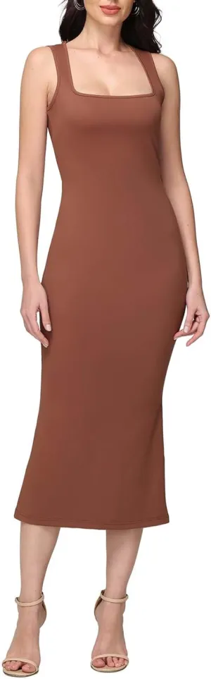 BWQ Women's Square Neck Maxi Dress Sleeveless Bodycon Lounge Dresses