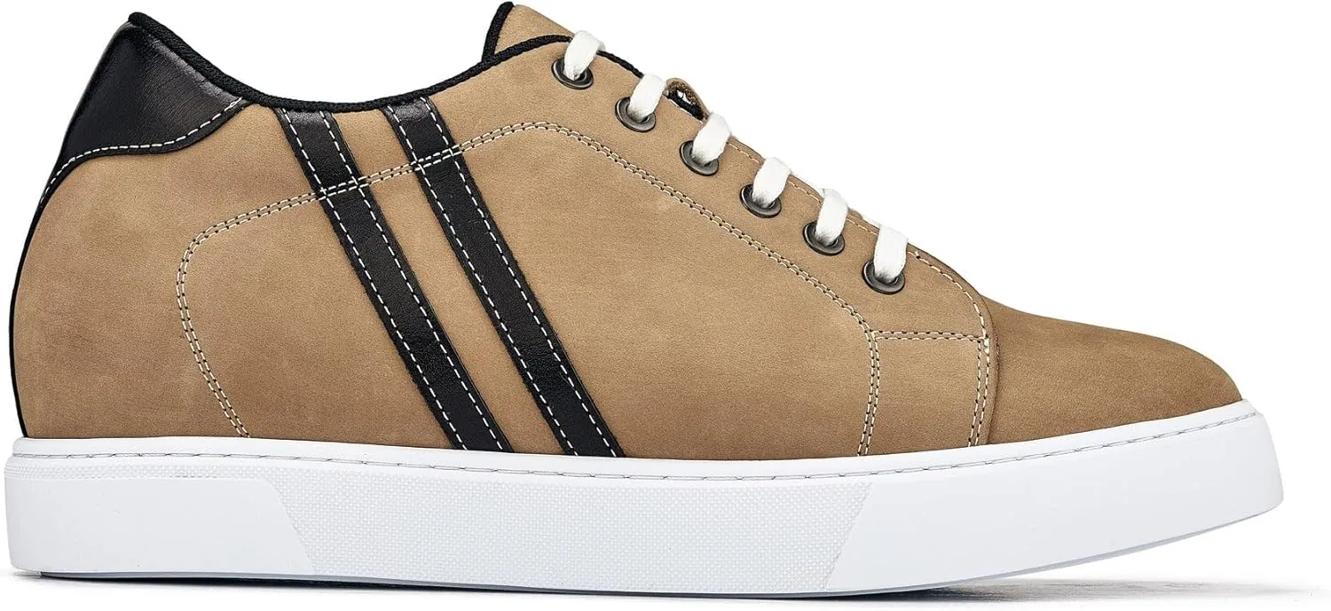 CALTO Men's Invisible Height Increasing Elevator Shoes - Nubuck Tan Leather Lace-up Fashion Sneakers - 2.8 Inches Taller - K1551 - Size 10 D(M) US