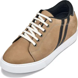 CALTO Men's Invisible Height Increasing Elevator Shoes - Nubuck Tan Leather Lace-up Fashion Sneakers - 2.8 Inches Taller - K1551 - Size 10 D(M) US