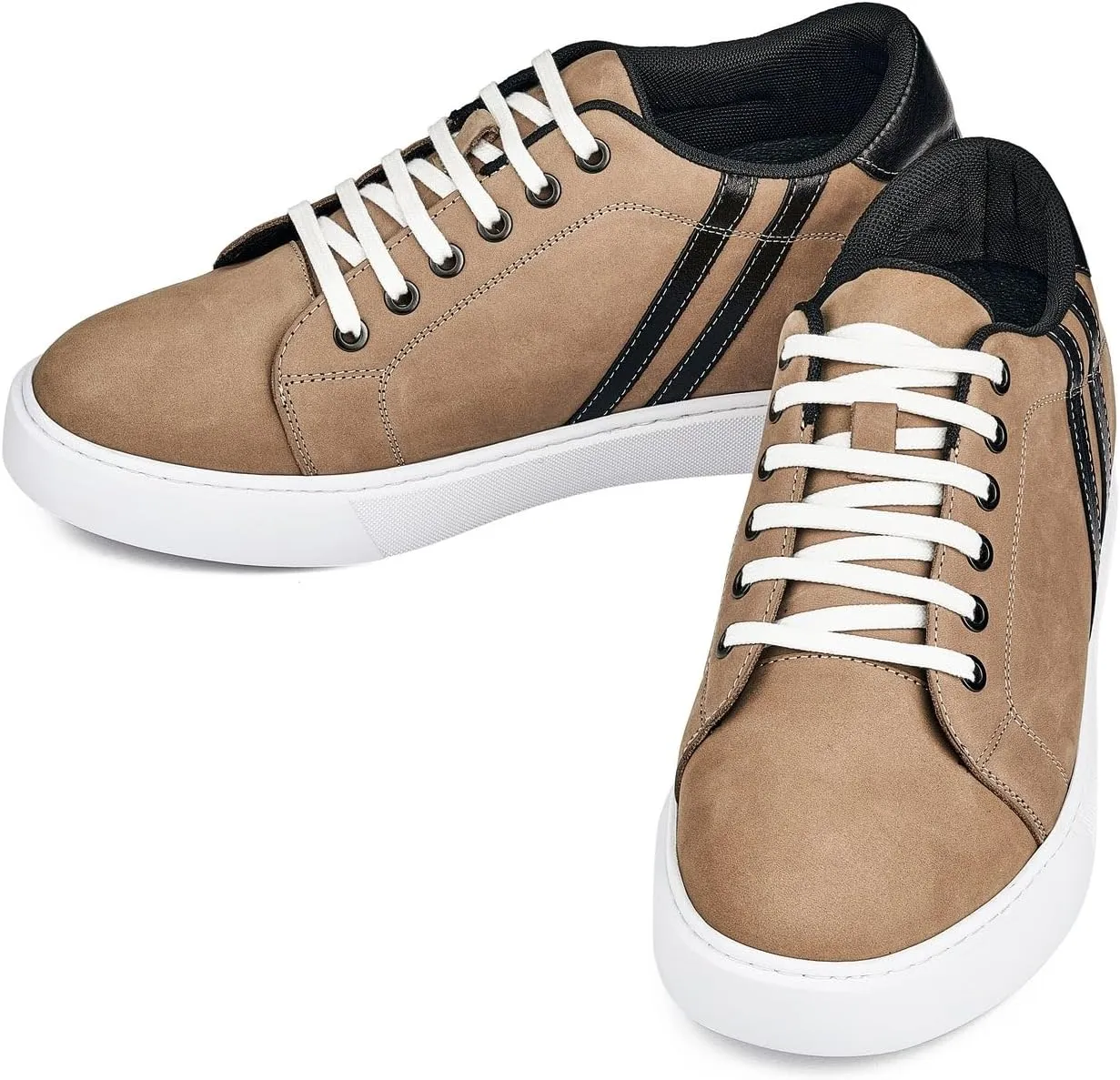 CALTO Men's Invisible Height Increasing Elevator Shoes - Nubuck Tan Leather Lace-up Fashion Sneakers - 2.8 Inches Taller - K1551 - Size 10 D(M) US
