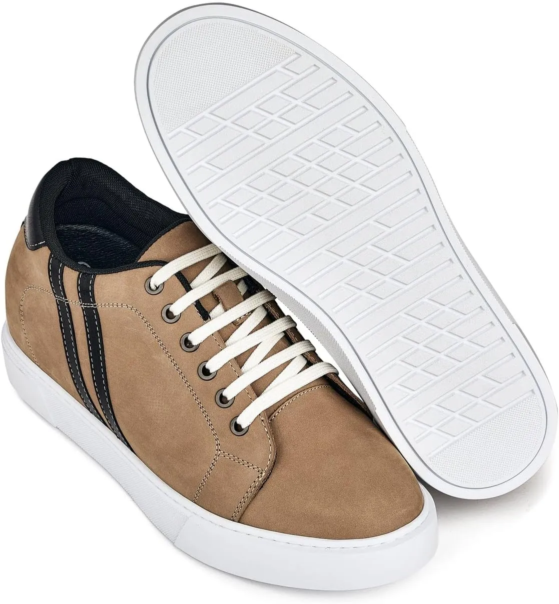 CALTO Men's Invisible Height Increasing Elevator Shoes - Nubuck Tan Leather Lace-up Fashion Sneakers - 2.8 Inches Taller - K1551 - Size 10 D(M) US