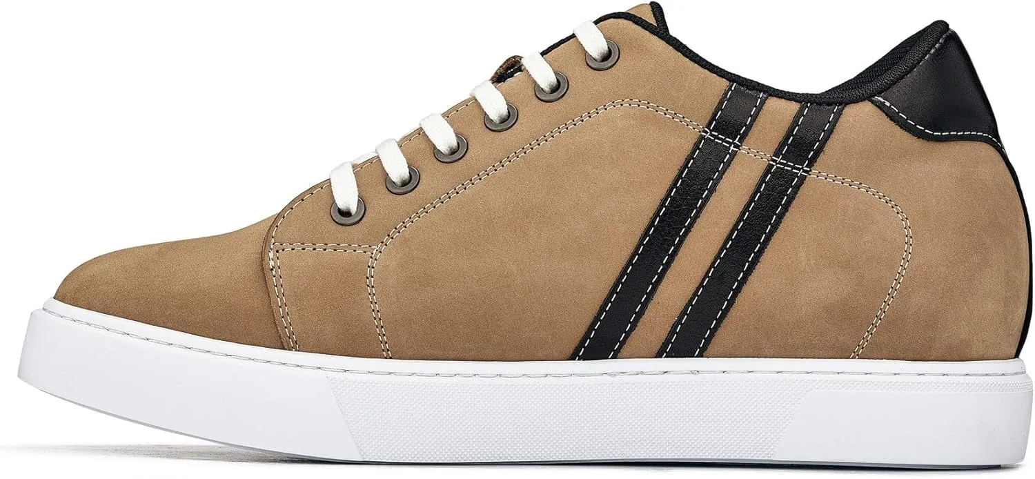 CALTO Men's Invisible Height Increasing Elevator Shoes - Nubuck Tan Leather Lace-up Fashion Sneakers - 2.8 Inches Taller - K1551 - Size 10 D(M) US