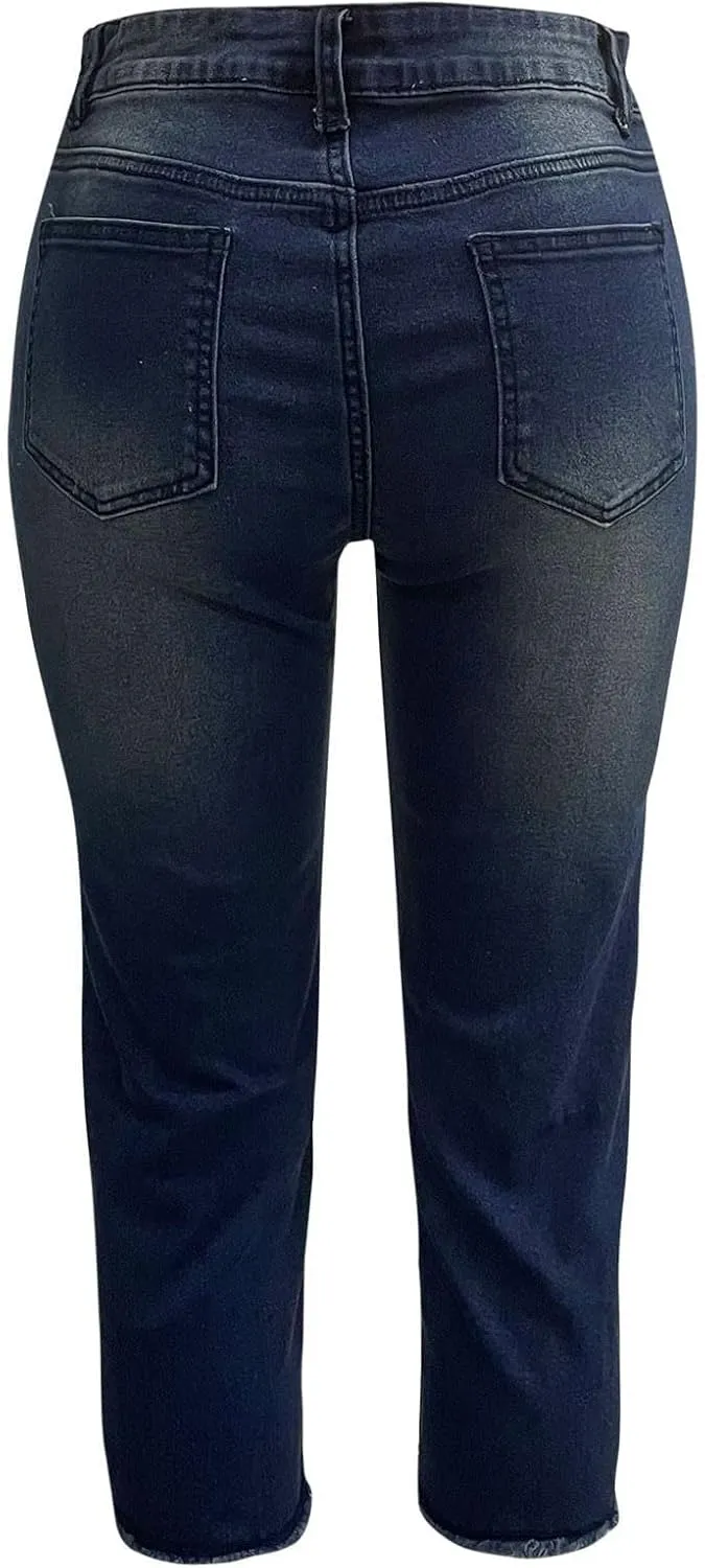 Capri Jeans for Women Raw Hem Stretchy Mid Rise Skinny Distressed Denim Butt Lifting Boyfriend Jeggings with Pockets
