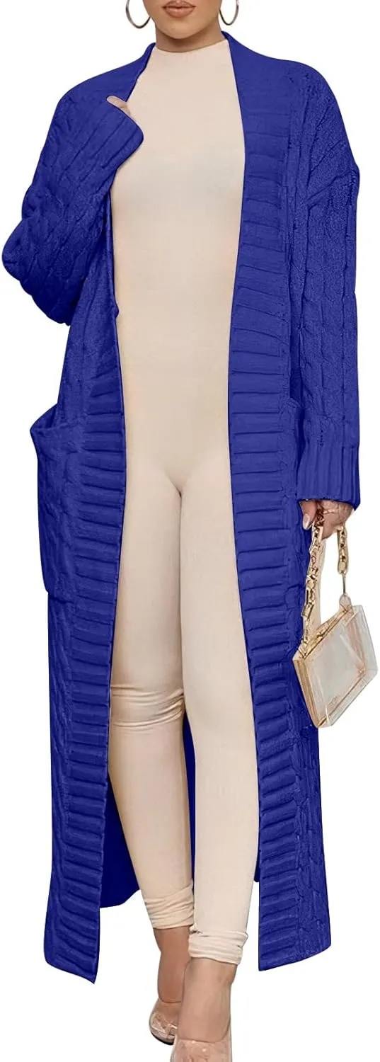 Caracilia Womens Long Cardigan Sweaters 2025 Fall Open Front Coat Long Sleeve Cable Knit Maxi Outerwear Trendy Jacket Clothes