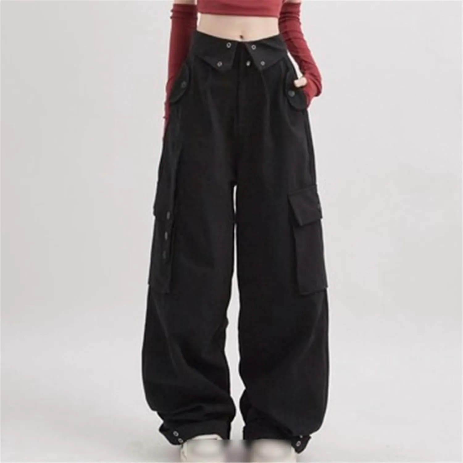 Cargo Pants Women Clamshell Waist Retro Straight Leg Casual Pant High Waist Multi-Pocket Breasted Wide Leg Trousers