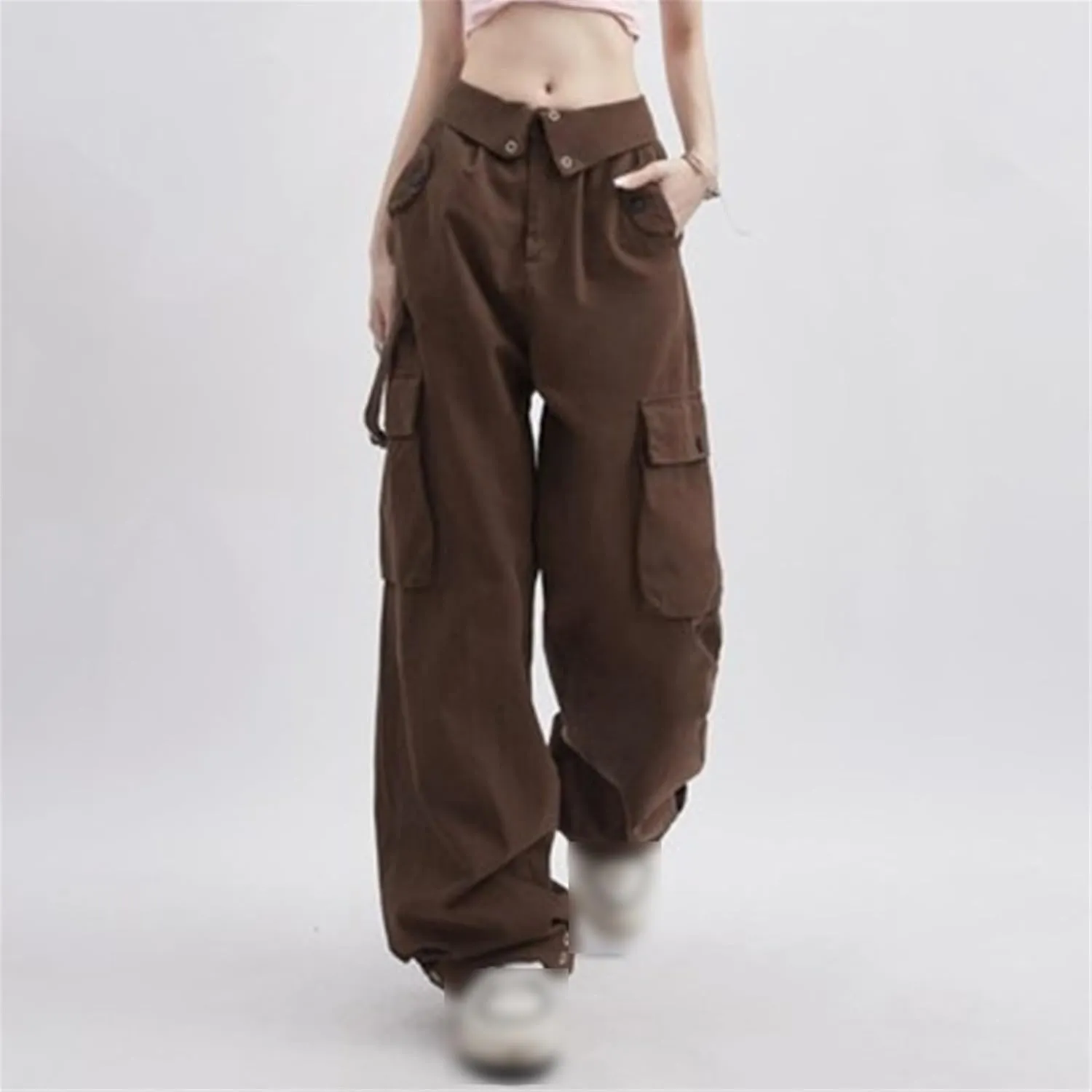 Cargo Pants Women Clamshell Waist Retro Straight Leg Casual Pant High Waist Multi-Pocket Breasted Wide Leg Trousers