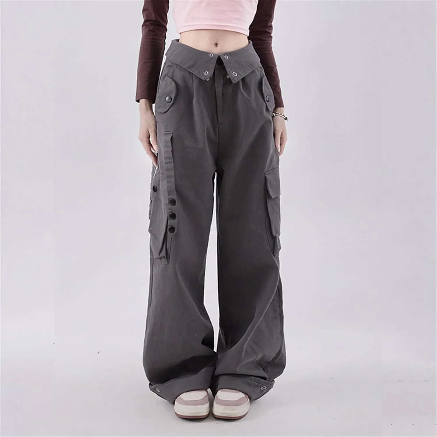 Cargo Pants Women Clamshell Waist Retro Straight Leg Casual Pant High Waist Multi-Pocket Breasted Wide Leg Trousers