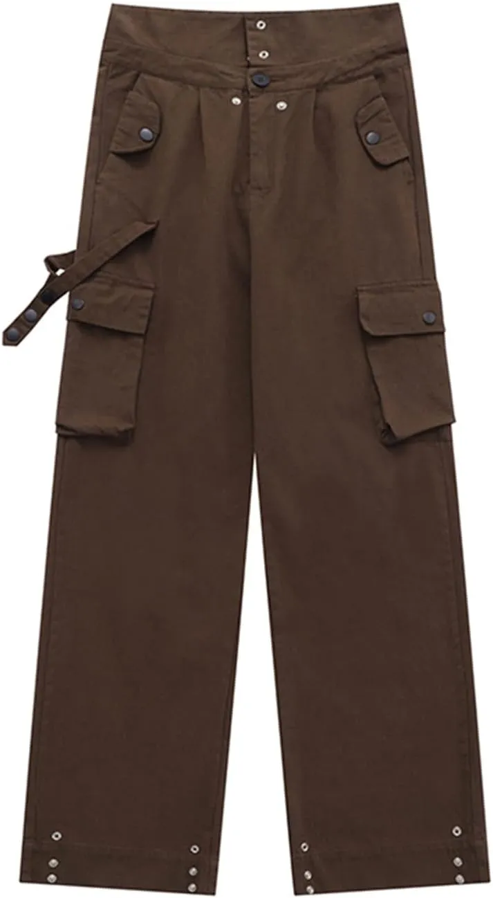 Cargo Pants Women Clamshell Waist Retro Straight Leg Casual Pant High Waist Multi-Pocket Breasted Wide Leg Trousers