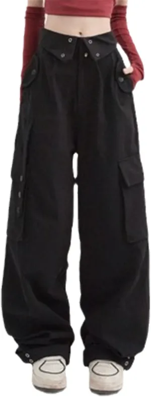 Cargo Pants Women Clamshell Waist Retro Straight Leg Casual Pant High Waist Multi-Pocket Breasted Wide Leg Trousers