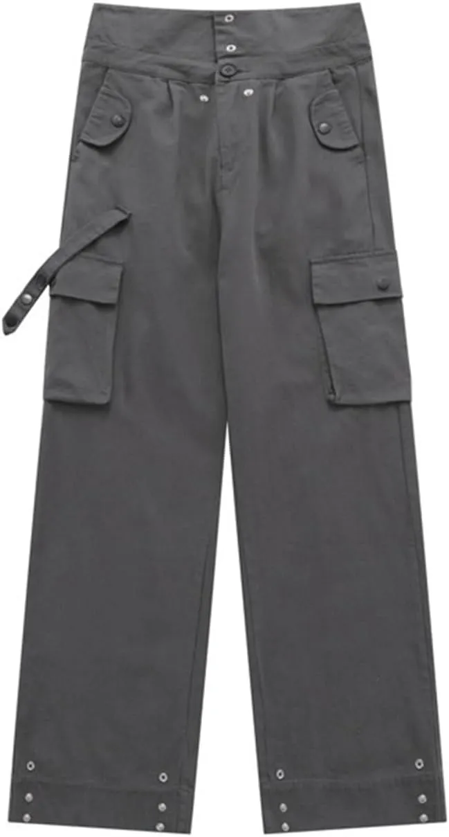 Cargo Pants Women Clamshell Waist Retro Straight Leg Casual Pant High Waist Multi-Pocket Breasted Wide Leg Trousers