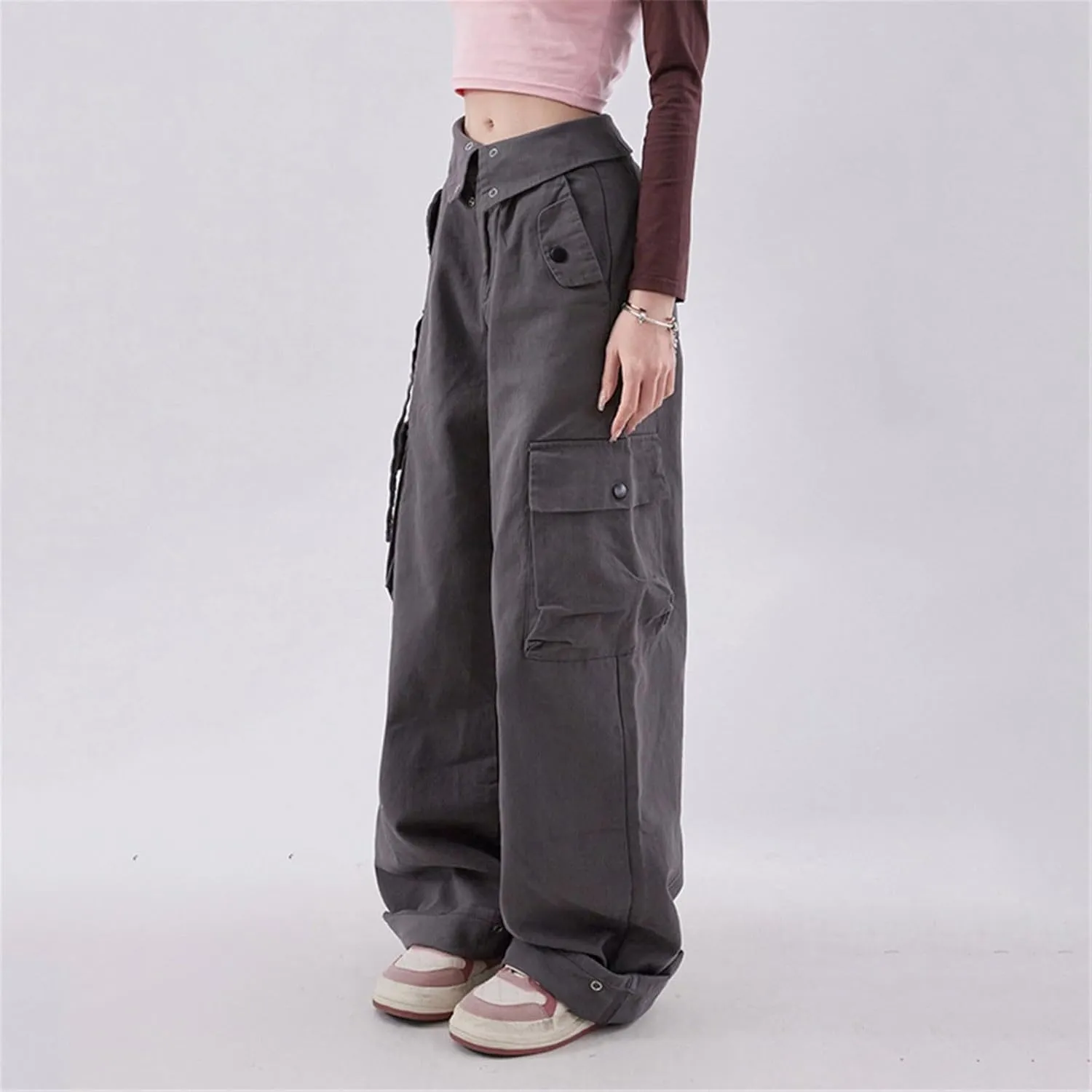Cargo Pants Women Clamshell Waist Retro Straight Leg Casual Pant High Waist Multi-Pocket Breasted Wide Leg Trousers