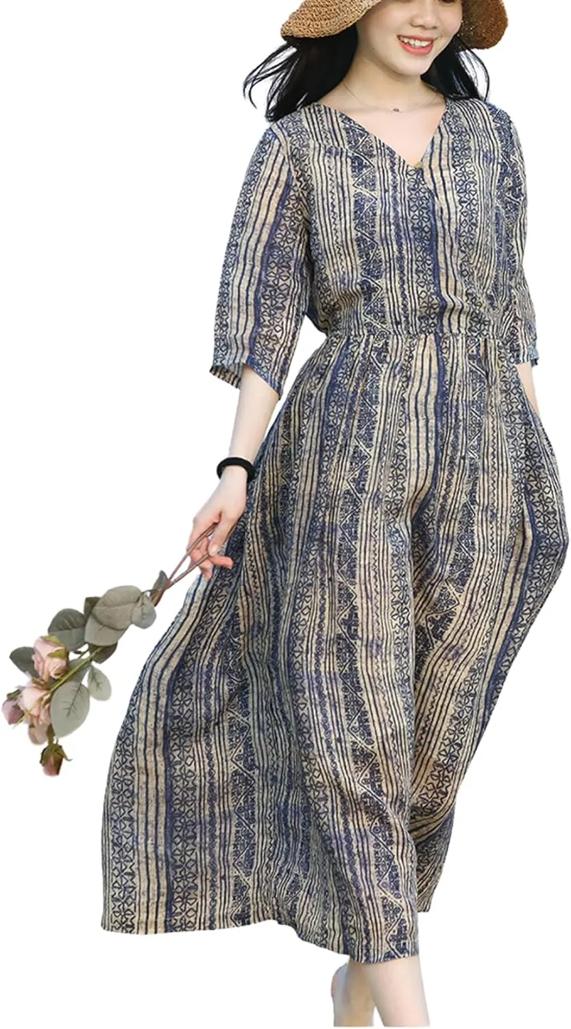 chouyatou Women 2024 Warp Summer Belted Linen Dress Midi Long Flowy Slouchy Stripe Floral Dress