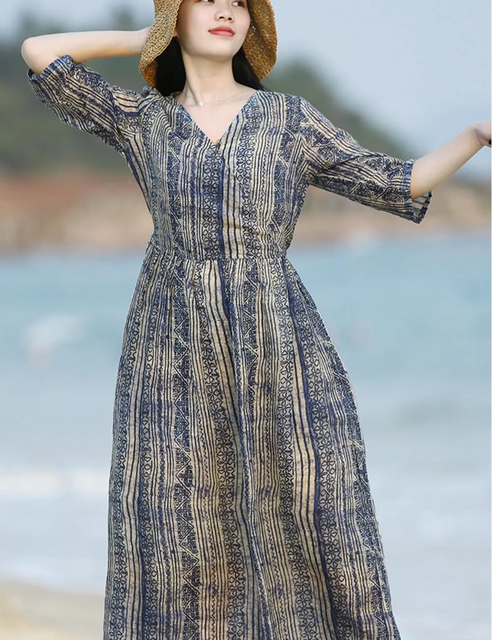 chouyatou Women 2024 Warp Summer Belted Linen Dress Midi Long Flowy Slouchy Stripe Floral Dress