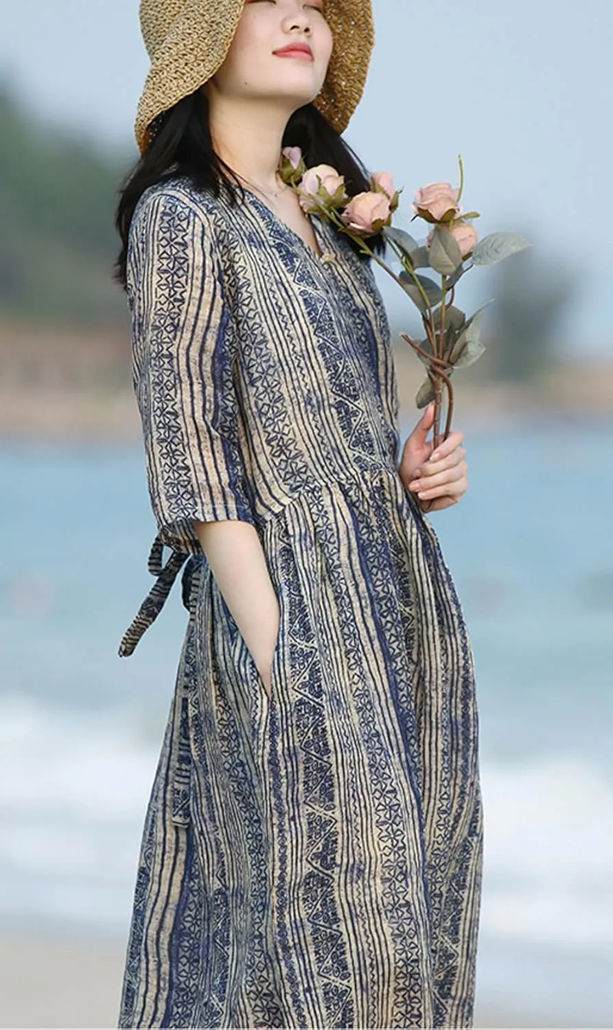 chouyatou Women 2024 Warp Summer Belted Linen Dress Midi Long Flowy Slouchy Stripe Floral Dress